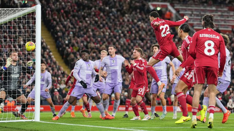 Hugo Ekitike leaps to head Liverpool into a 2-0 lead against Brighton