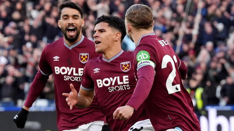Mateus Fernandes celebrates his opening-minute goal against Aston Villa