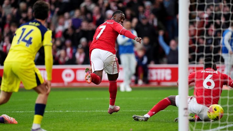 Callum Hudson-Odoi wheels away to celebrate after giving Nottingham Forest the lead against Spurs