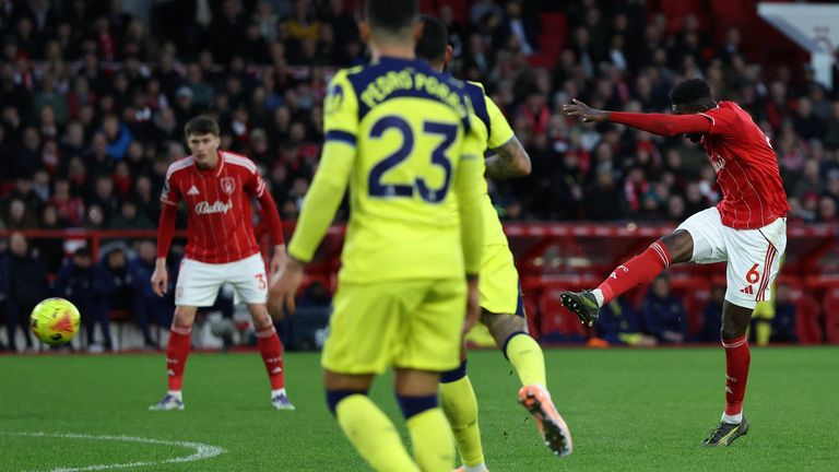 Ibrahim Sangare scores from long range to give Nottingham Forest a 3-0 lead against Spurs