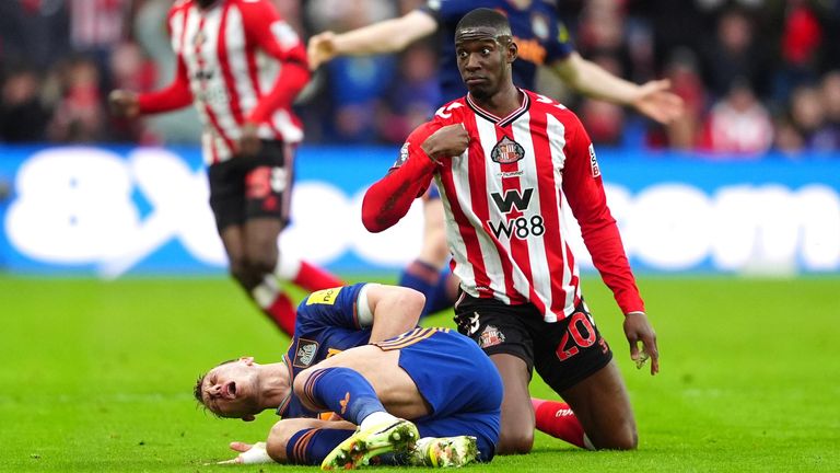 Nordi Mukiele reacts after fouling Dan Burn