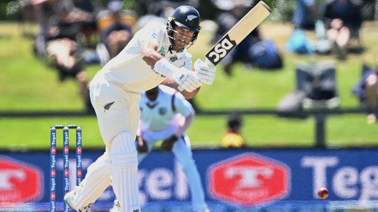 Rachin Ravindra bats against the West Indies on day three during their cricket test match in Christchurch (Andrew Cornaga/Photosport via AP)