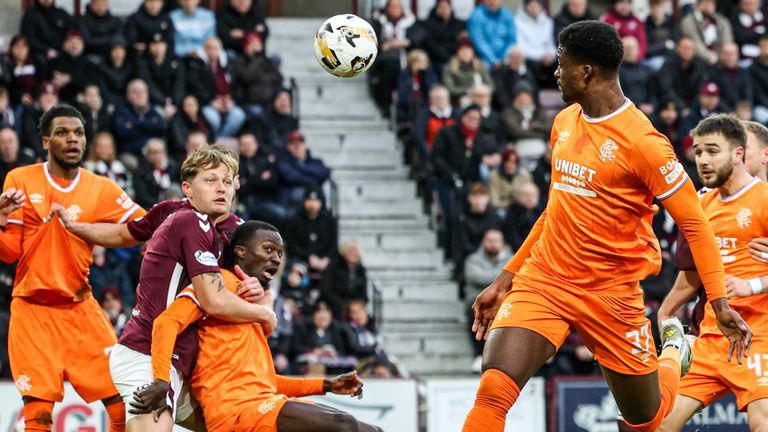Rangers' Emmanuel Fernandez heads the ball across goal for Bojan Miovski before a VAR review rules it offside