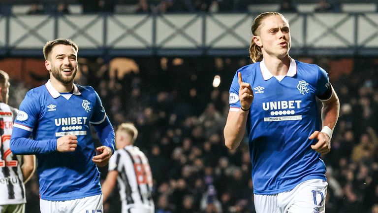 GLASGOW, SCOTLAND - DECEMBER 30: Rangers' Thelo Aasgaard celebrates as he scores to make it 1-0 during a William Hill Premiership match between Rangers and St Mirren at Ibrox Stadium, on December 30, 2025, in Glasgow, Scotland. (Photo by Alan Harvey / SNS Group)