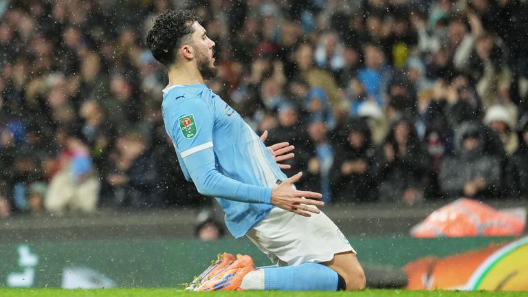 Manchester City's Rayan Cherki celebrates after scoring his side's first goal during the English League Cup soccer match between Manchester City and Brentford in Manchester, England, Wednesday, Dec. 17, 2025. (AP Photo/Jon Super)