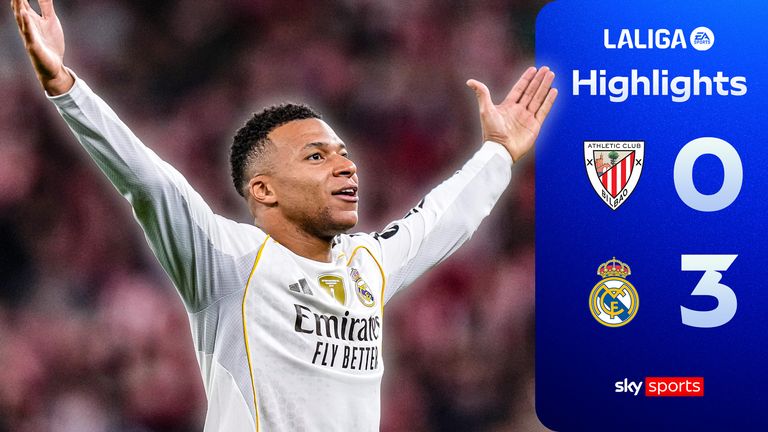 Real Madrid's Kylian Mbappe celebrates after scoring his side's third goal during the Spanish La Liga soccer match between Athletic Bilbao and Real Madrid in Bilbao, Spain, Wednesday, Dec. 3, 2025