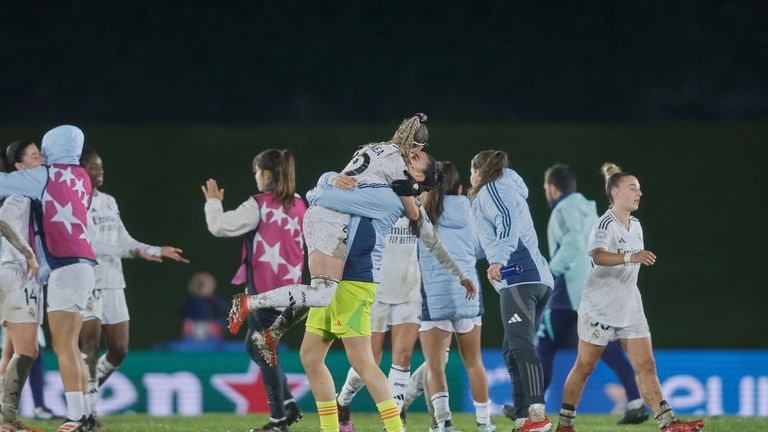 Real Madrid players celebrate at the end of the Women's Champions League quarter final first leg 