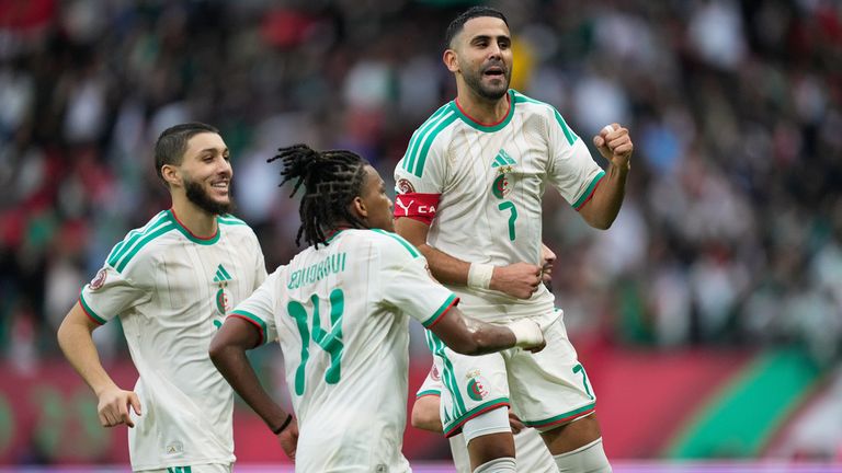 Algeria's Riyad Mahrez celebrates after scoring his side's second goal against Sudan