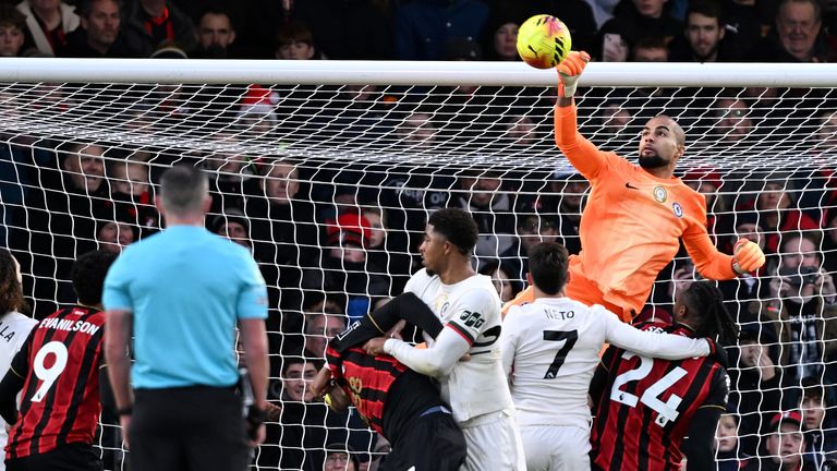 Chelsea goalkeeper Robert Sanchez punches the ball clear