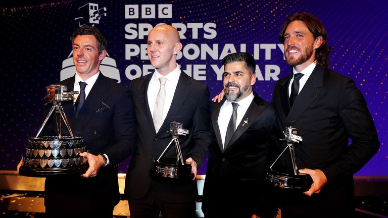 Rory McIlroy, Tommy Fleetwood, Sergio Aguiar and David Stancombe pose for a photo with their awards