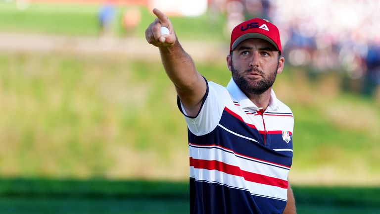 Scottie Scheffler of Team United States reacts on the 17th during the Sunday singles matches on day three of the 2025 Ryder Cup