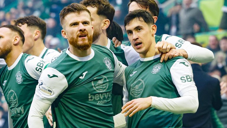 Jamie McGrath celebrates with team-mate Nicky Cadden after giving HIbs an early lead agains Hearts