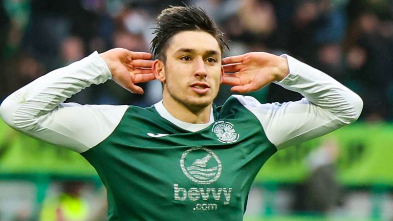 Kieron Bowie celebrates after giving Hibs a 3-0 lead against Hearts