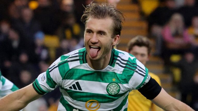Benjamin Nygren celebrates after equalising for Celtic at Livingston