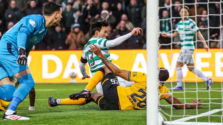 Hyunjun Yang scores Celtic's second goal at Livingston