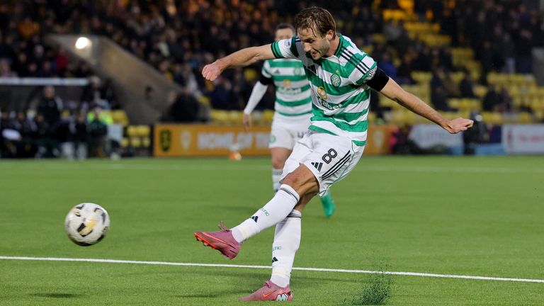 Benjamin Nygren scores his second goal of the game to put Celtic 3-2 up at Livingston