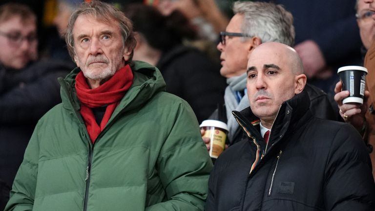 Manchester United minority shareholder Sir Jim Ratcliffe and CEO Omar Berrada pictured during the 4-1 win away to Wolves