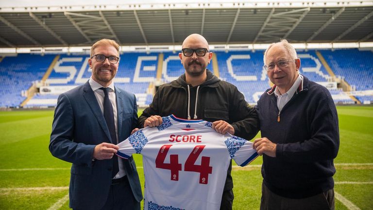 Stuart Fenton and Rob Couhig of Reading flank Max Sebti, co-founder of Score to launch the club's new artificial intelligence initiative