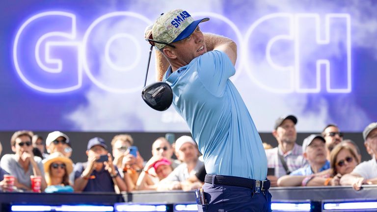 Talor Gooch of Smash GC hits his shot from the first tee during the second round of LIV Golf Andaluc..a (Jon Ferrey/LIV Golf via AP)