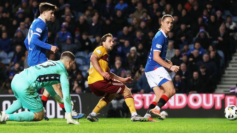 GLASGOW, SCOTLAND - DECEMBER 27: Rangers Thelo Aasgaard scores to make it 1-0 during a William Hill Premiership match between Rangers and Motherwell at Ibrox Stadium, on December 27, 2025, in Glasgow, Scotland.  (Photo by Alan Harvey / SNS Group)