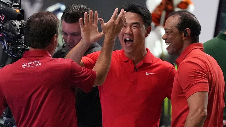 Jupiter Links Golf Club players, from right, Tiger Woods, Tom Kim, and Kevin Kisner