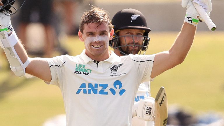 Tom Latham (front) and Devon Conway (back) playing for New Zealand against West Indies in Test cricket (Getty Images)