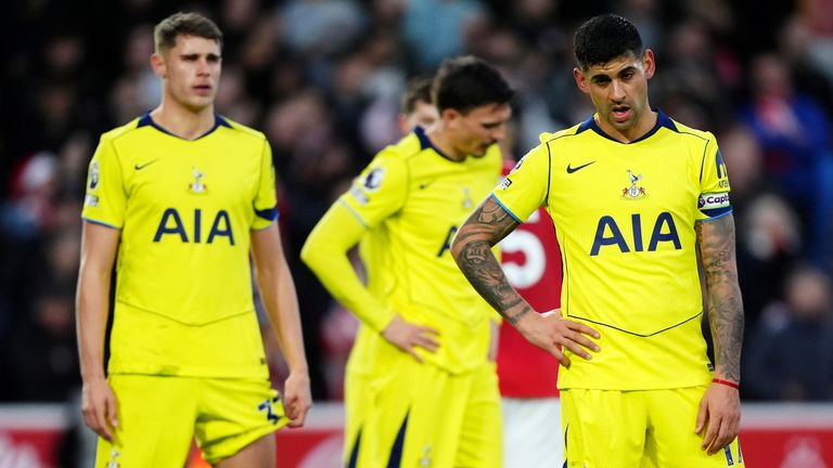 Tottenham captain Cristian Romero and team-mates during the defeat at Nottingham Forest