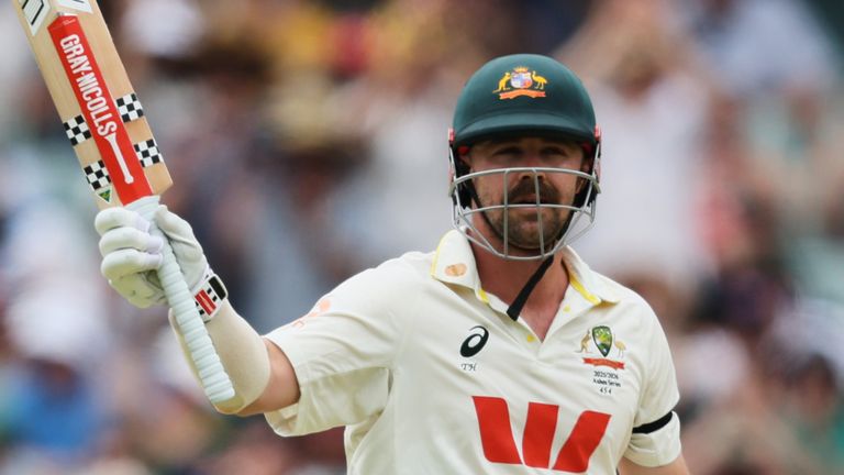Australia's Travis Head reacts after scoring 50 runs during play on day three of the third Ashes cricket test between England and Australia in Adelaide, Australia, Friday, Dec. 19, 2025. (AP Photo/James Elsby)