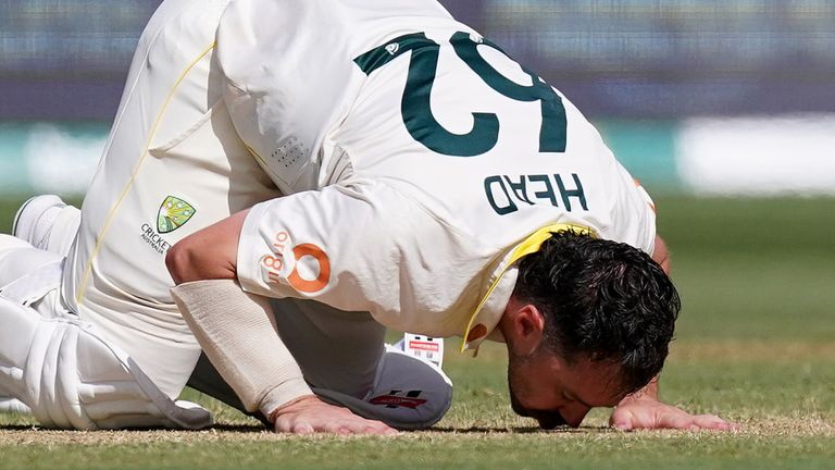 Travis Head celebrates reaching century in third Ashes Test