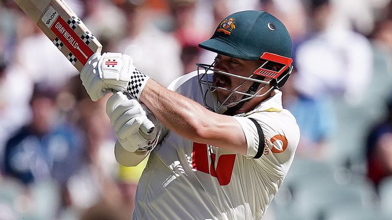 Travis Head plays a shot early on day one of the third Ashes Test