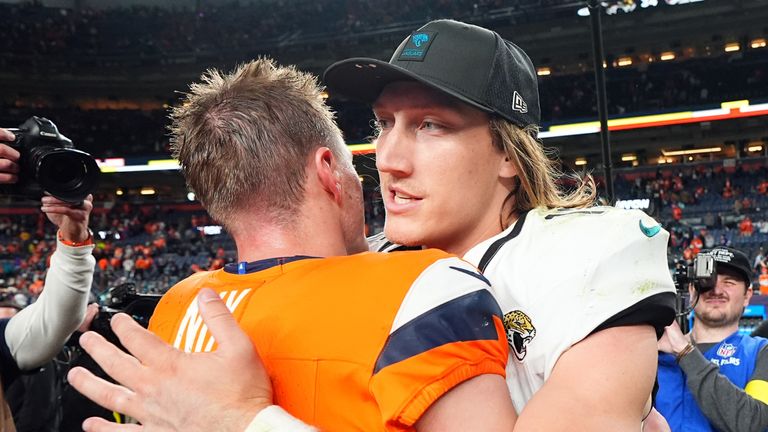 Denver Broncos quarterback Bo Nix (10) and Jacksonville Jaguars quarterback Trevor Lawrence