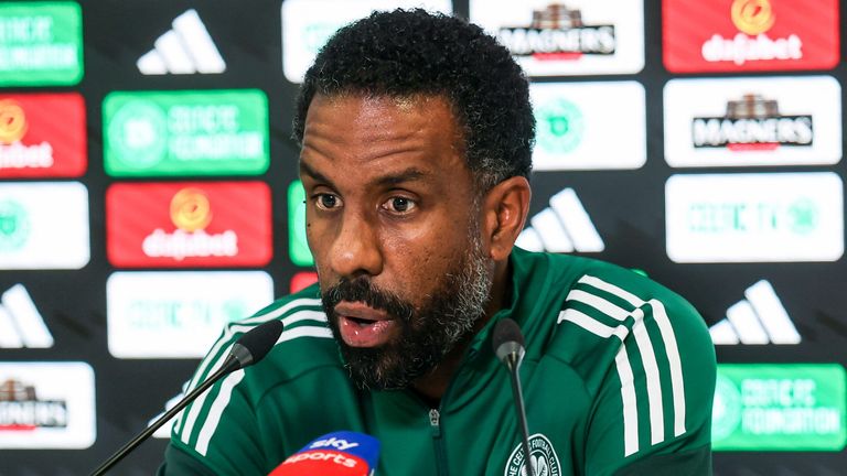 GLASGOW, SCOTLAND - DECEMBER 05: Wilfried Nancy during a Celtic press conference at the Lennoxtown Training Centre, on December 05, 2025, in Glasgow, Scotland. (Photo by Craig Williamson / SNS Group)
