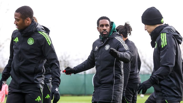 GLASGOW, SCOTLAND - DECEMBER 05: Wilfried Nancy (centre) during a Celtic training session at the Lennoxtown Training Centre, on December 05, 2025, in Glasgow, Scotland. (Photo by Craig Williamson / SNS Group)