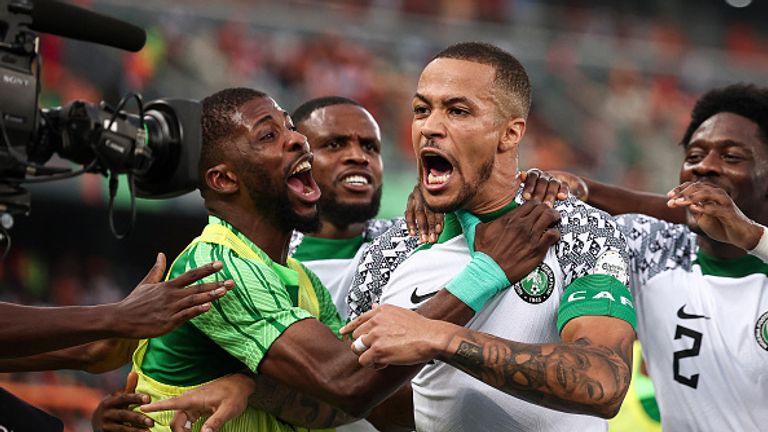 TOPSHOT - Nigeria's defender #5 William Troost-Ekong (C) celebrates after shooting a penalty and scoring his team's first goal during the Africa Cup of Nations (CAN) 2024 group A football match between Ivory Coast and Nigeria at the Alassane Ouattara Olympic Stadium in Ebimpe, Abidjan, on January 18, 2024. (Photo by FRANCK FIFE / AFP) (Photo by FRANCK FIFE/AFP via Getty Images)