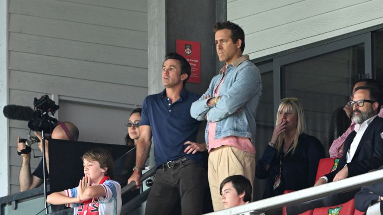 Wrexham co-owners Rob McElhenney and Ryan Reynolds in the stands during the Sky Bet Championship match at the SToK Cae Ras, Wrexham. Picture date: Saturday August 16, 2025. PA Photo. Photo credit should read: Cody Froggatt/PA Wire...RESTRICTIONS: EDITORIAL USE ONLY No use with unauthorised audio, video, data, fixture lists, club/league logos or "live" services. Online in-match use limited to 120 images, no video emulation. No use in betting, games or single club/league/player publications.