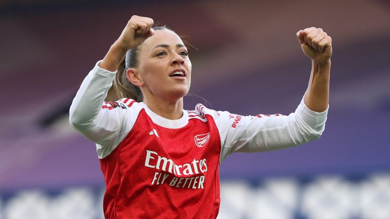 Katie McCabe celebrates after opening the scoring for Arsenal at Goodison Park