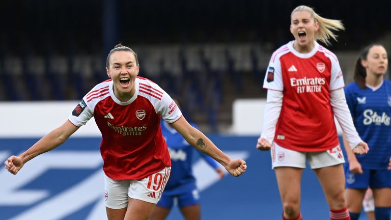 Caitlin Foord and Alessia Russo celebrate after Arsenal restore their lead at Everton