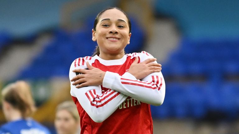 Olivia Smith celebrates after scoring Arsenal's third goal at Everton
