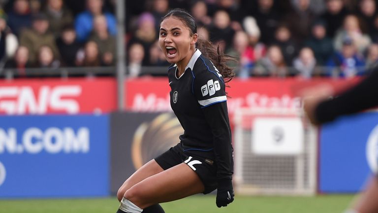 Alyssa Thompson celebrates after scoring Chelsea's third goal at Brighton