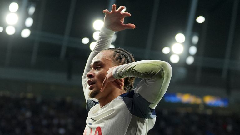 Tottenham Hotspur's Xavi Simons celebrates scoring their side's first goal of the game during the Premier League match