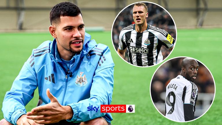 Bruno Guimaraes, Dan Burn and  Yoane Wissa of Newcastle