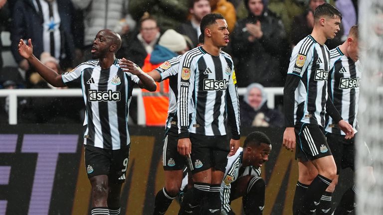 Yoane Wissa celebrates his first Newcastle goal after scoring 10 minutes into his first start