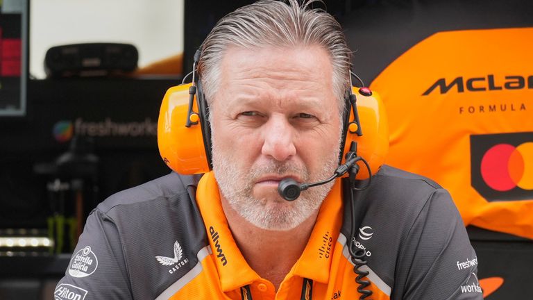 McLaren chief Zak Brown listens to radio during a first practice for the he Abu Dhabi Formula One Grand Prix in Abu Dhabi, United Arab Emirates, Friday, Dec. 5, 2025. (AP Photo/Darko Bandic)