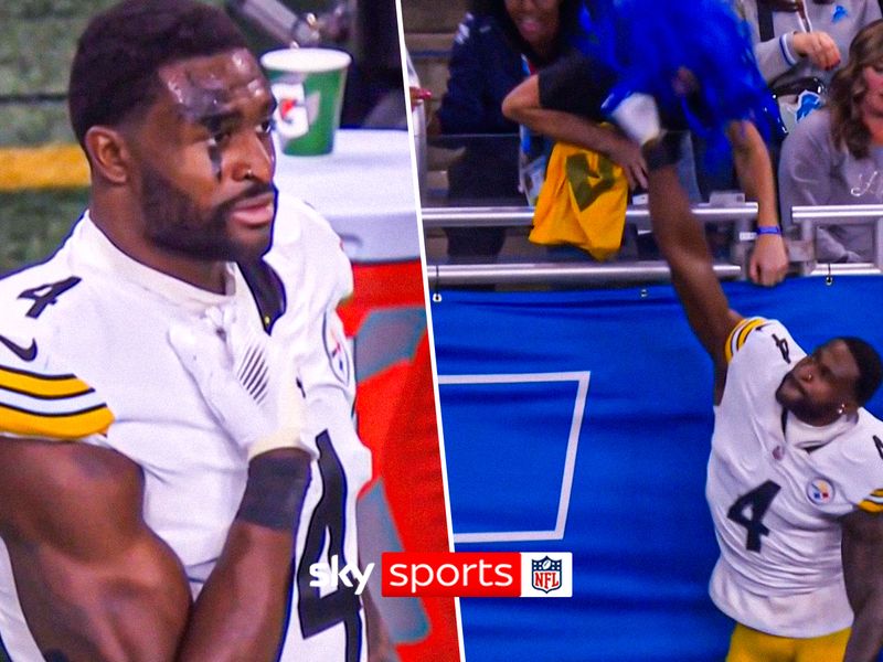 Pittsburgh Steelers wideout DK Metcalf confronts and swipes out at a  Detroit Lions fan in the stands.
