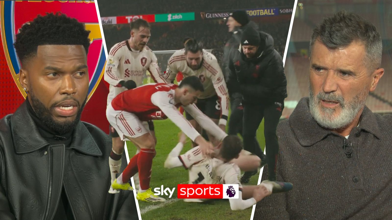 Roy Keane And Daniel Sturridge react to Gabriel Martinelli pushing Conor Bradley whilst he was down injured