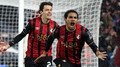 Amine Adli wheels away to celebrate after scoring a late winner for Bournemouth against Liverpool