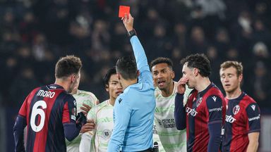 BOLOGNA, ITALY - JANUARY 22: Juan Miranda of Bologna fouls Celtic's Rio Hata and receives his second yellow card and a red card during the UEFA Europa League 2025/26 League Phase MD7 match between Bologna and Celtic at Stadio Renato, January 2026 in Italy. (Photo by Craig Williamson / SNS Group)