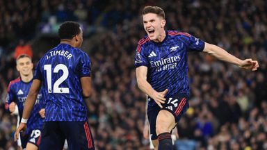 Viktor Gyokeres celebrates after scoring Arsenal's third goal