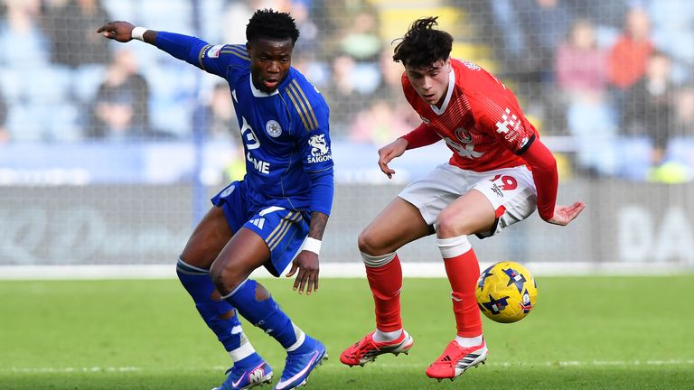 Leicester City's Abdul Fatawu and Luke Chambers of Charlton in action