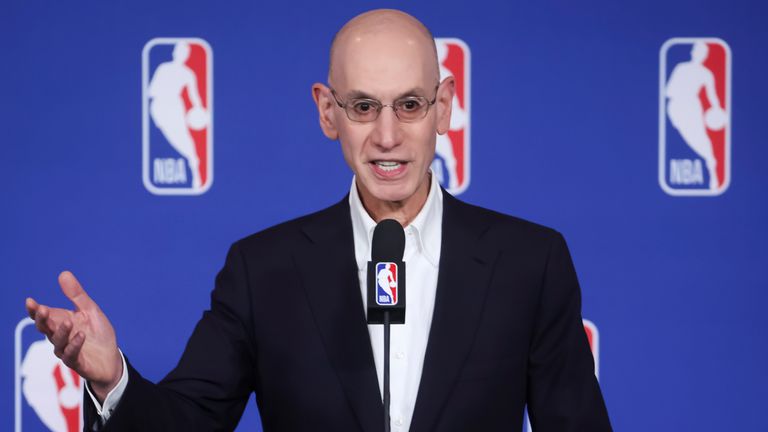 NBA Commissioner Adam Silver speaks during a news conference in Las Vegas. (Chase Stevens/Las Vegas Review-Journal via AP)